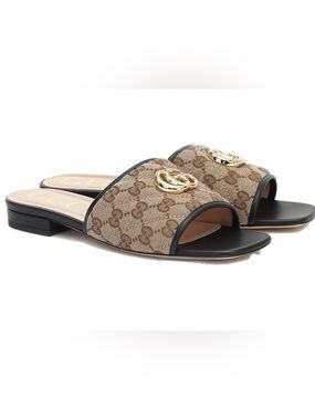 Gucci Beige Brown GG Canvas Slide Mules with Gold Double-G